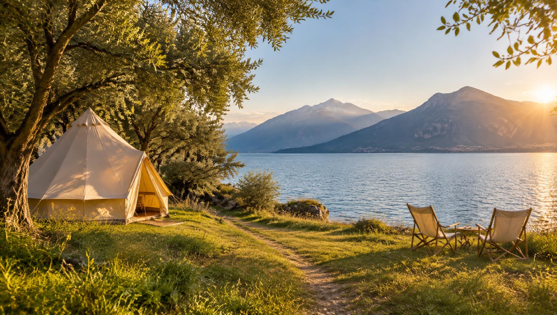 Golden-hour views over a lakeside campsite with a campervan and glamping tent